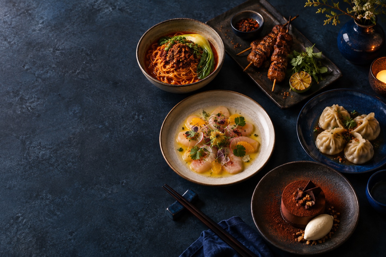 A tasting table with noodles, skewers, crudo, dumplings, and chocolate dessert